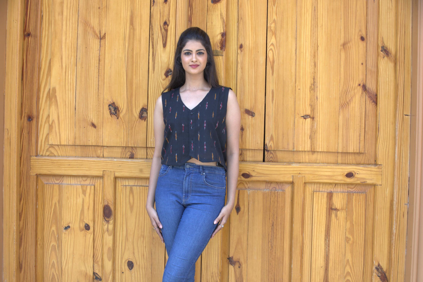 Black Ikkat Cotton Crop Top