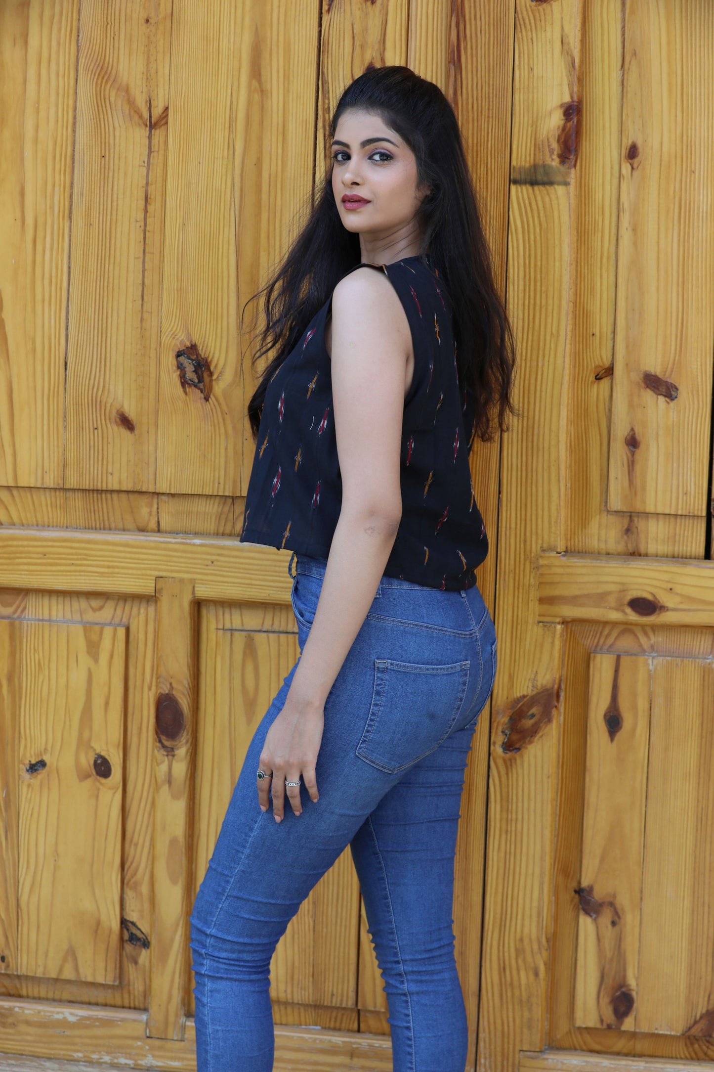 Black Ikkat Cotton Crop Top