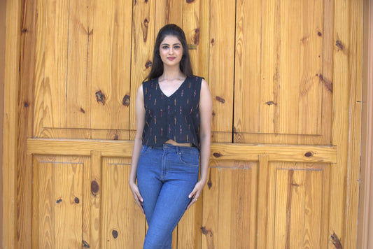 Black Ikkat Cotton Crop Top