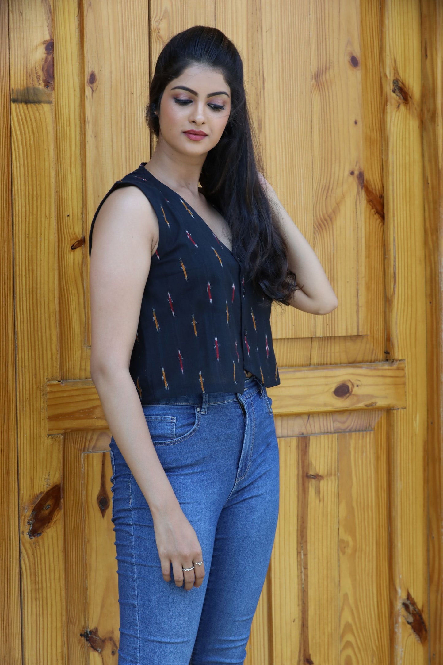 Black Ikkat Cotton Crop Top