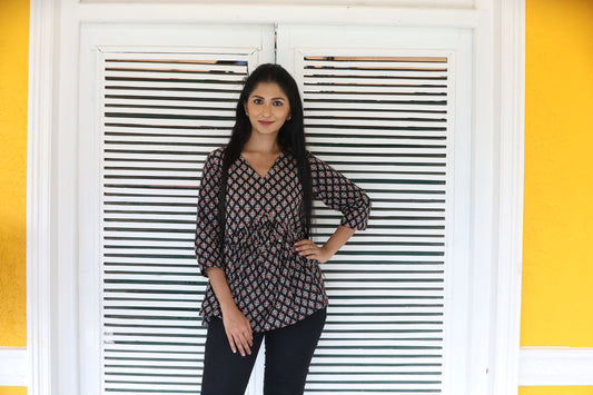 Black Cotton Block Prints Top