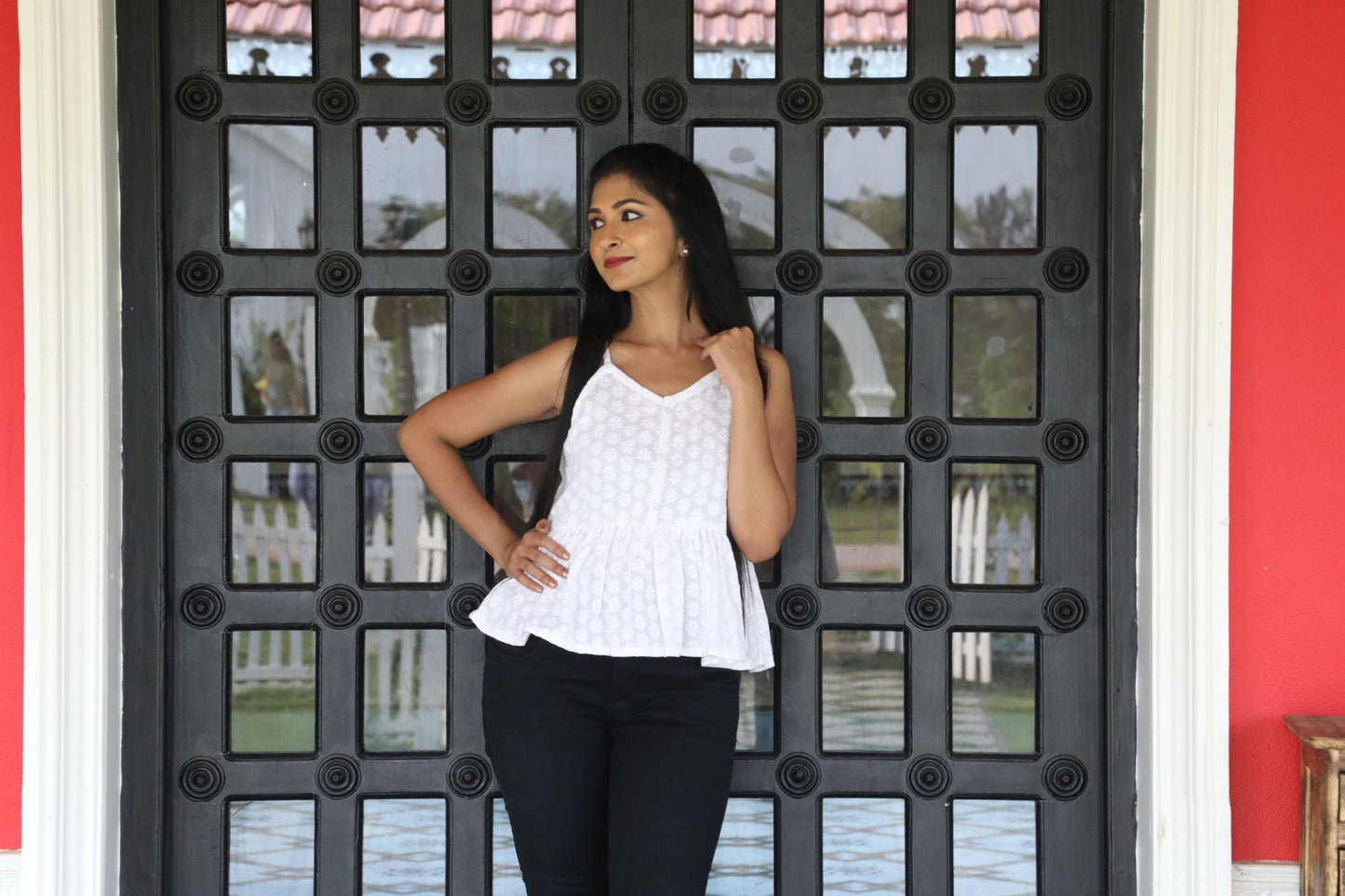 White Schiffli Cotton Strap Top