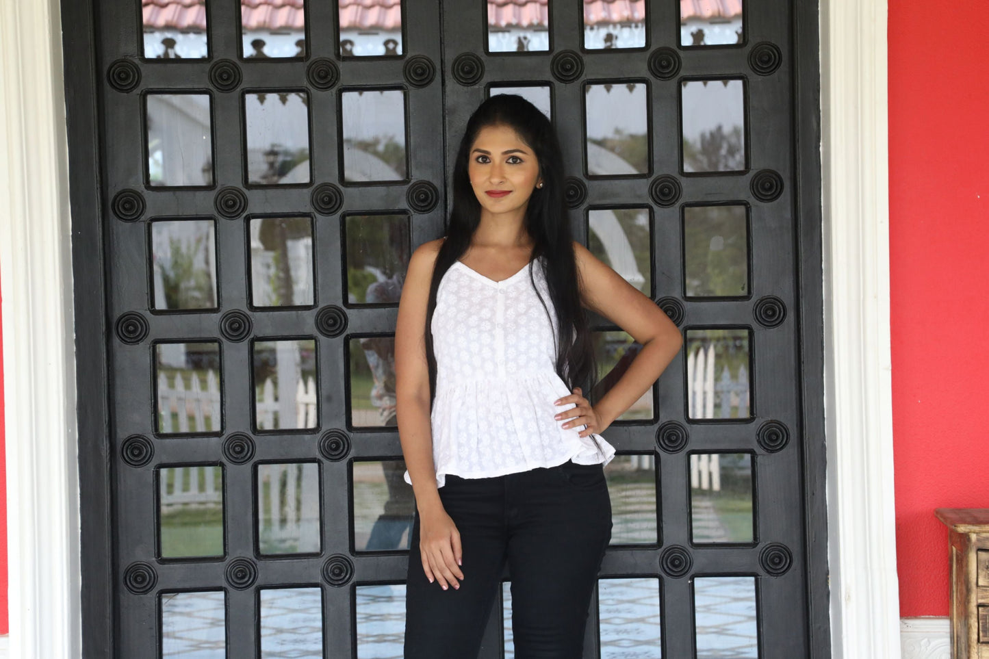 White Schiffli Cotton Strap Top