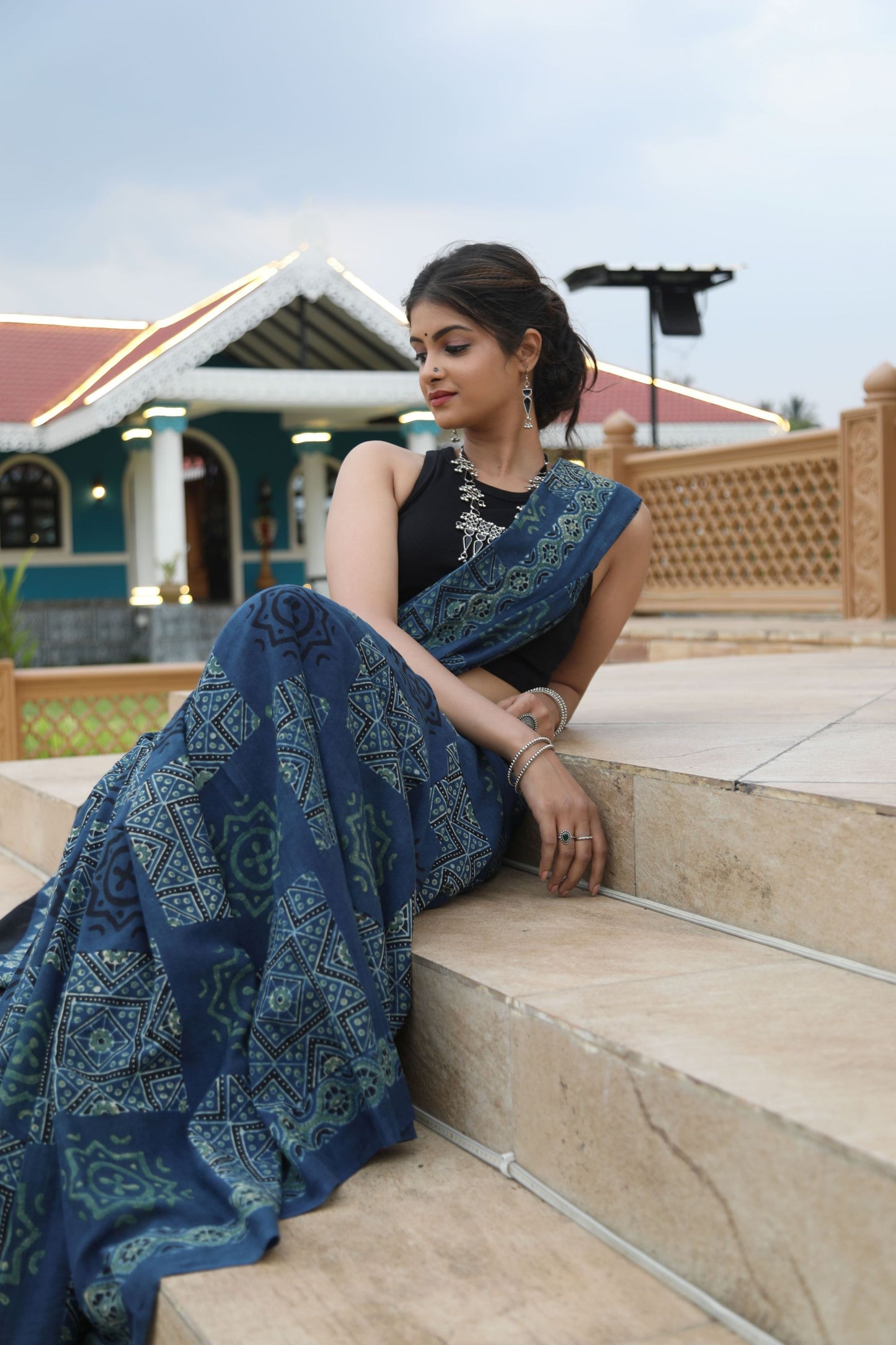 Ajrakh Handblock Mul Cotton Saree