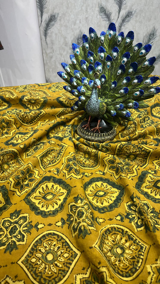 Yellow Ajrakh Handblock Cotton Fabric